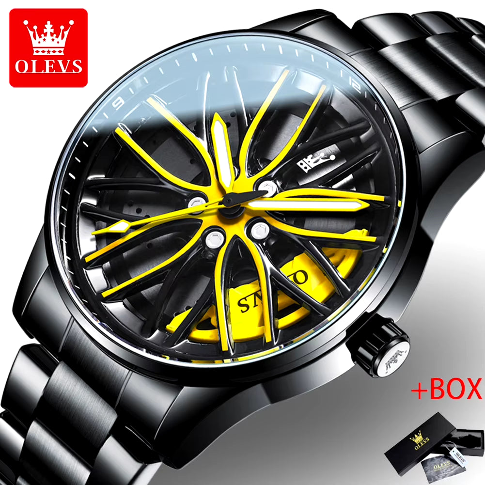 Rotation Rim Hub Sports Car Watch Men Watches Waterproof Stainless Steel Wheel Quartz Wristwatch Men with Luminous Hands