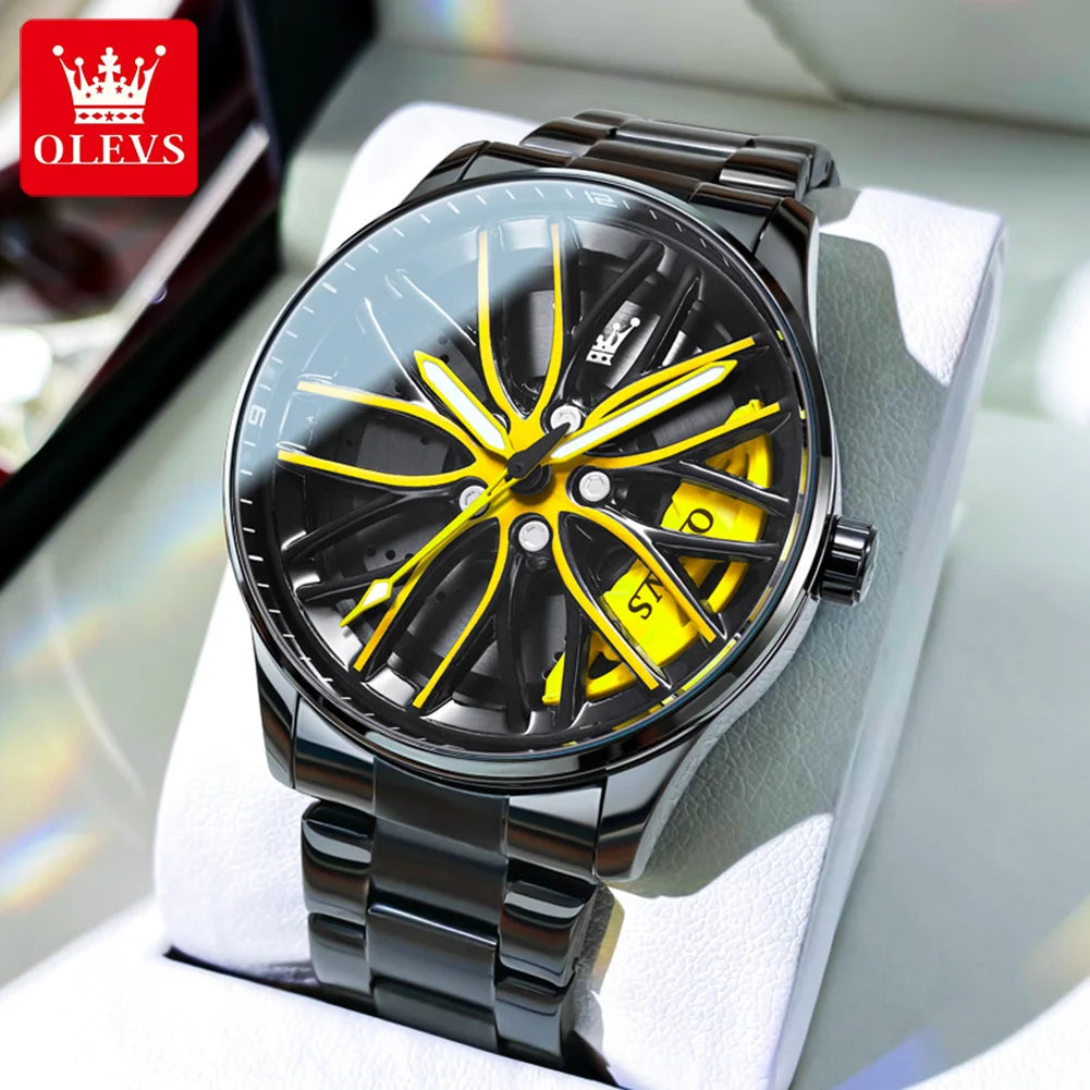 Rotation Rim Hub Sports Car Watch Men Watches Waterproof Stainless Steel Wheel Quartz Wristwatch Men with Luminous Hands