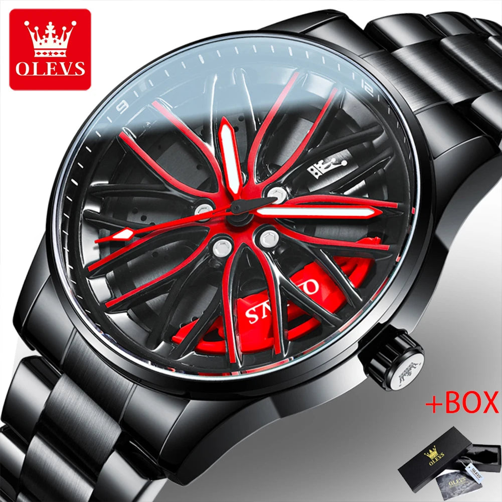 Rotation Rim Hub Sports Car Watch Men Watches Waterproof Stainless Steel Wheel Quartz Wristwatch Men with Luminous Hands