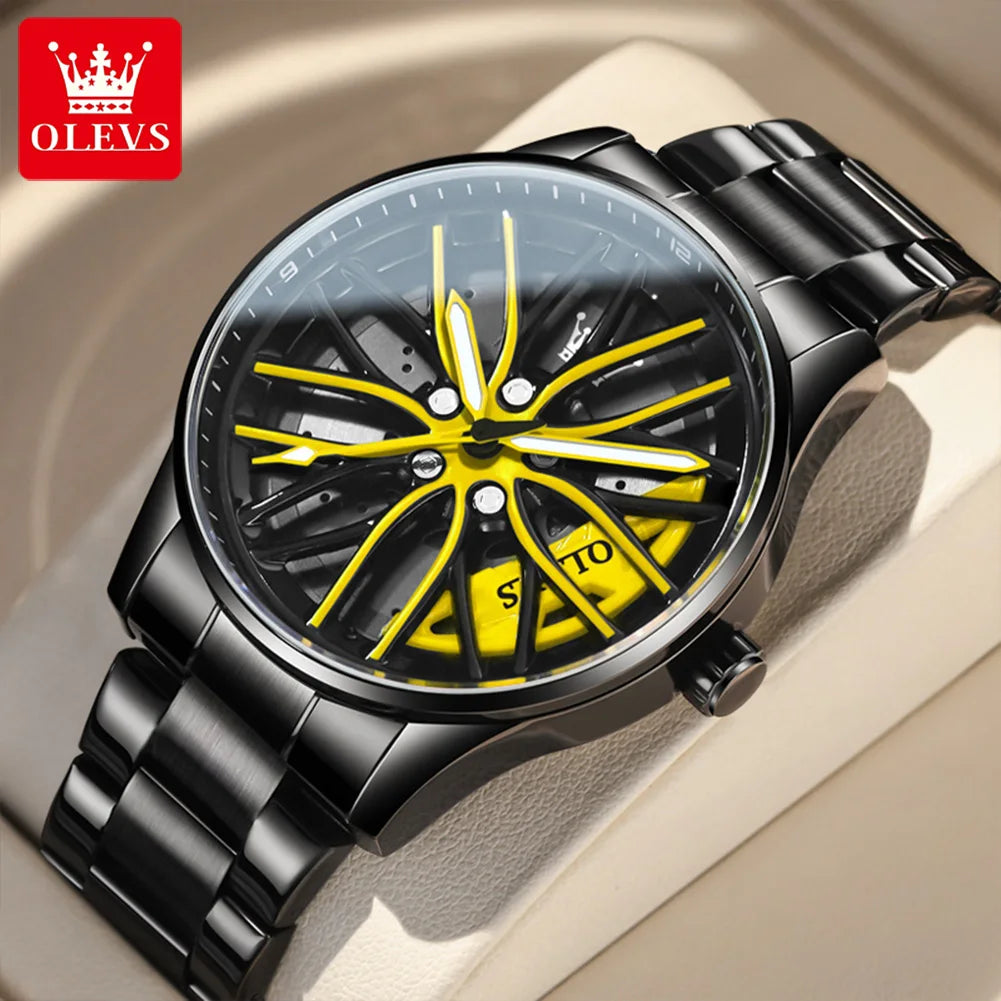 Rotation Rim Hub Sports Car Watch Men Watches Waterproof Stainless Steel Wheel Quartz Wristwatch Men with Luminous Hands