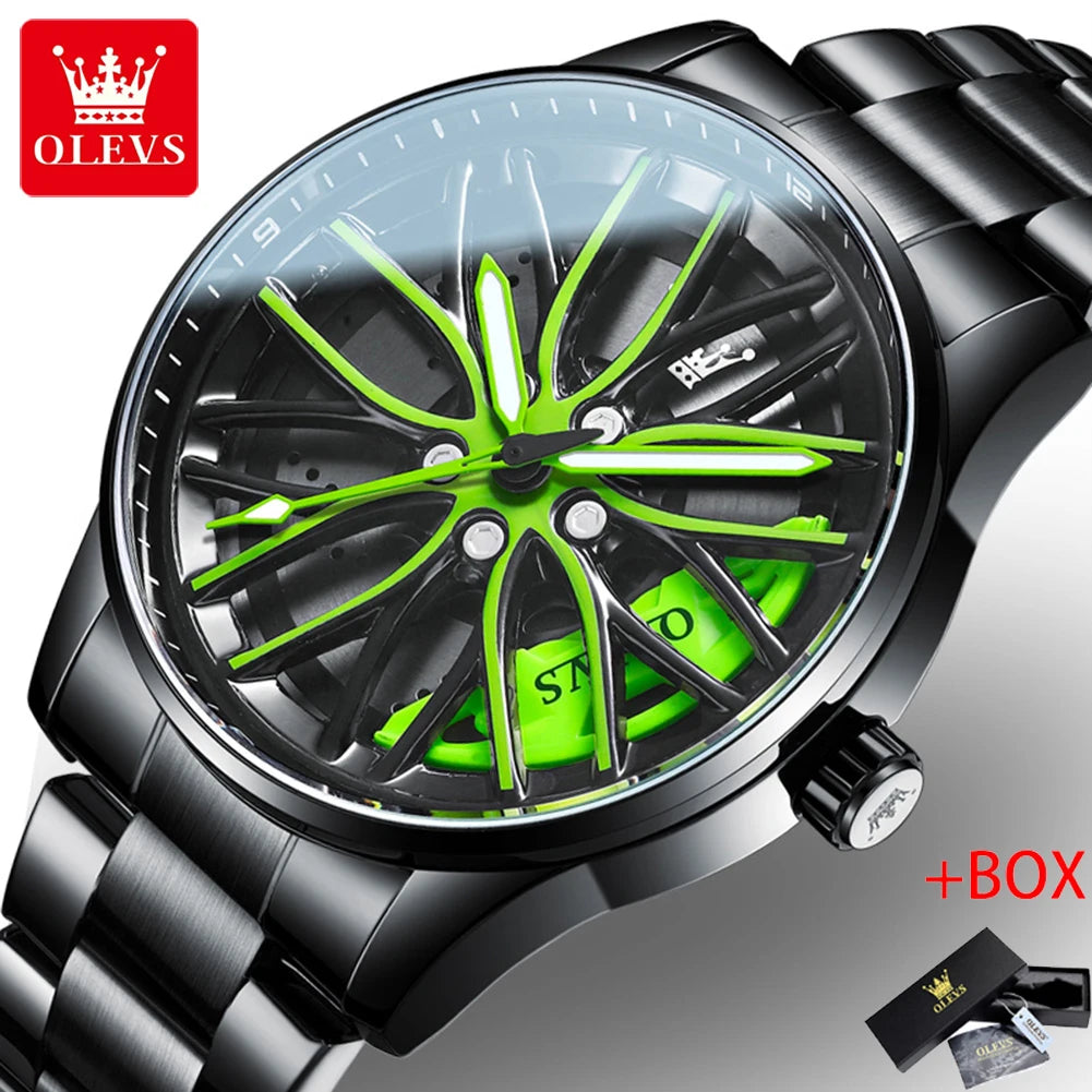 Rotation Rim Hub Sports Car Watch Men Watches Waterproof Stainless Steel Wheel Quartz Wristwatch Men with Luminous Hands