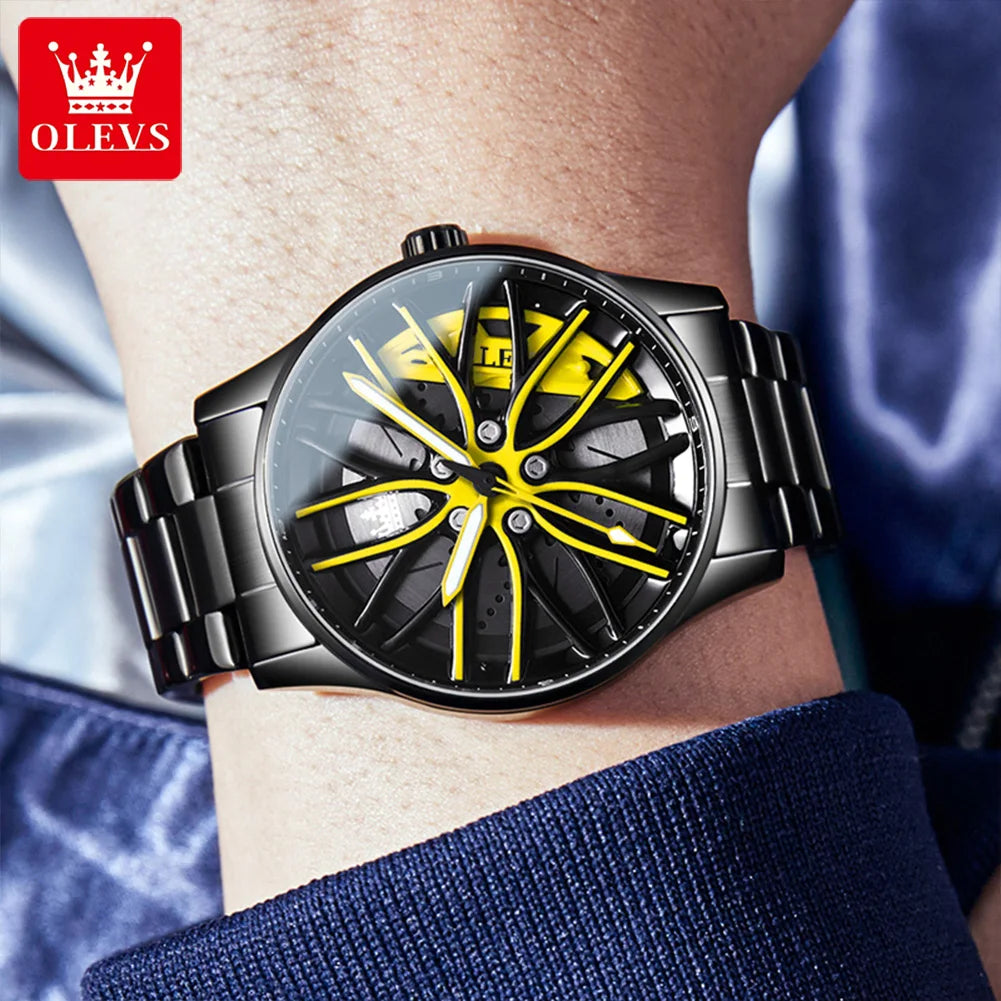 Rotation Rim Hub Sports Car Watch Men Watches Waterproof Stainless Steel Wheel Quartz Wristwatch Men with Luminous Hands